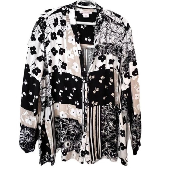 ALLISON DALEY WOMAN BUTTON-DOWN TUNIC, Black, white & tan floral print Size 2X - Picture 1 of 5